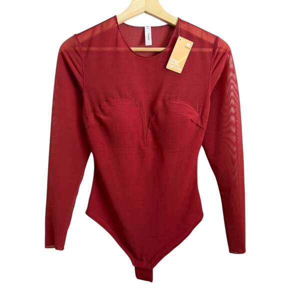 Popilush Shapewear Illusion Mesh Long Sleeve Tummy Control Bodysuit Red Small - Picture 1 of 6